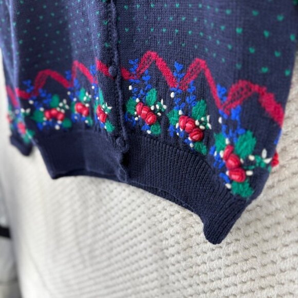 Susan Bristol Wool Knit Cardigan Sweater Worsted Hand Embroidered Floral 1989 M - Picture 2 of 7